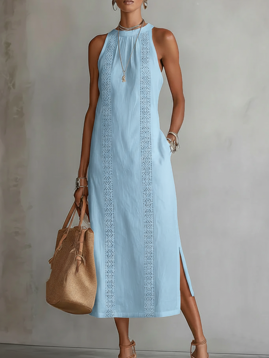 Katie - Linen Midi Dress with Mao Collar