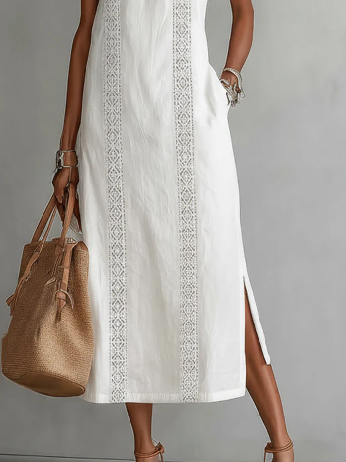 Katie - Linen Midi Dress with Mao Collar