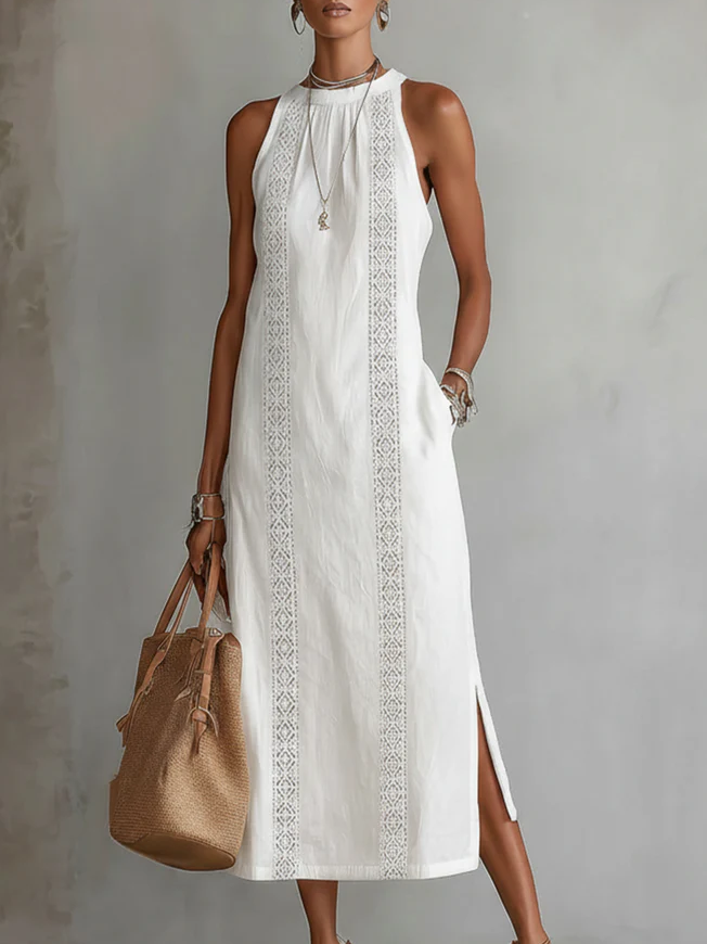 Katie - Linen Midi Dress with Mao Collar