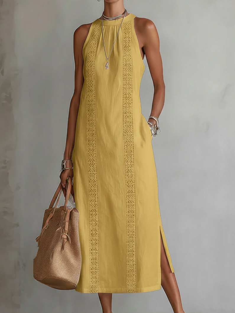 Katie - Linen Midi Dress with Mao Collar