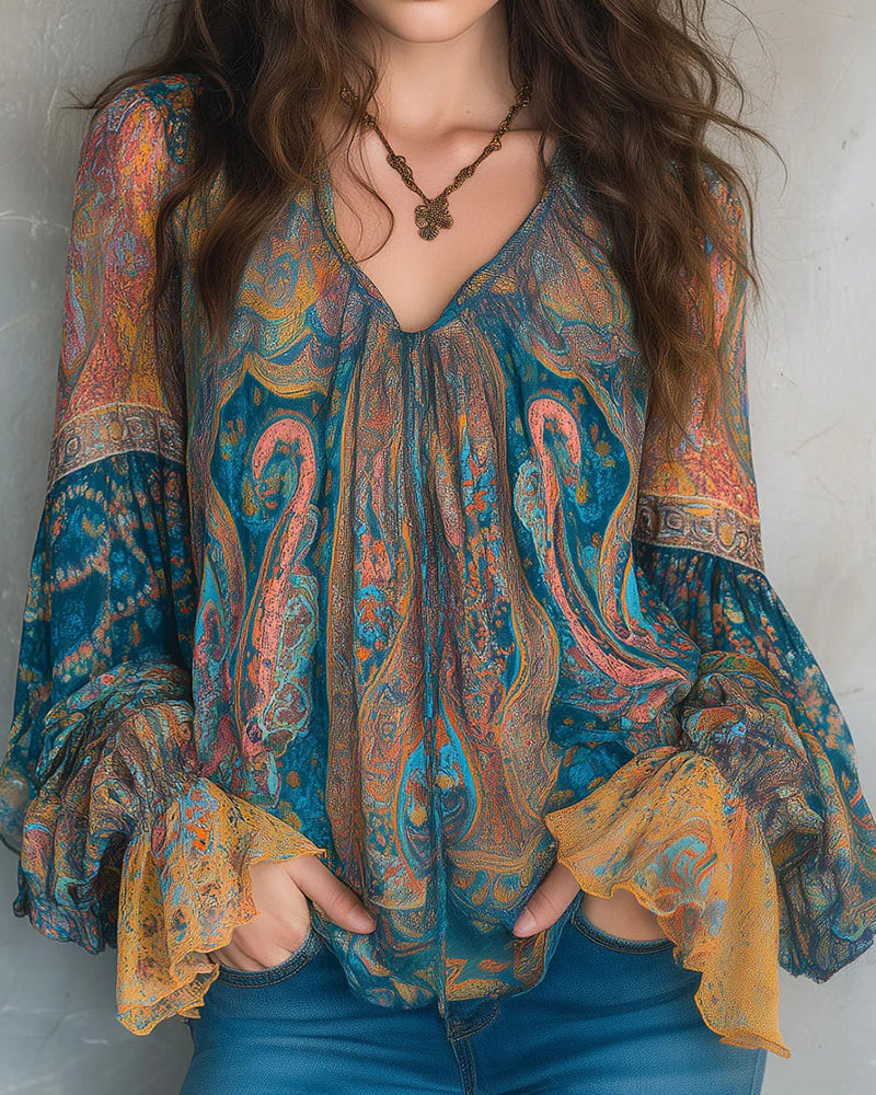 Ada | Bohemian V-Neck Blouse with Flared Sleeves