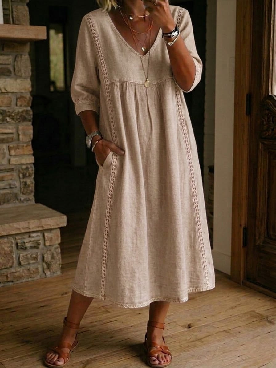 Lillian | Embroidered Trim Midi Dress