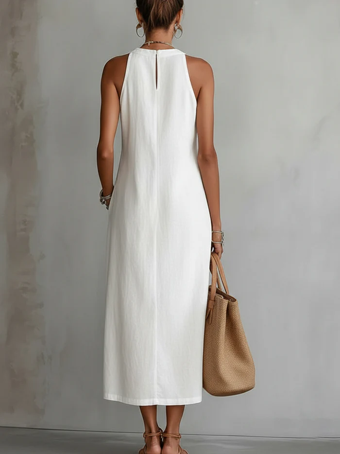 Katie - Linen Midi Dress with Mao Collar