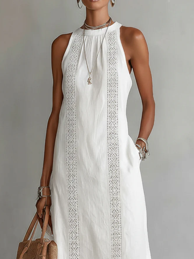 Katie - Linen Midi Dress with Mao Collar