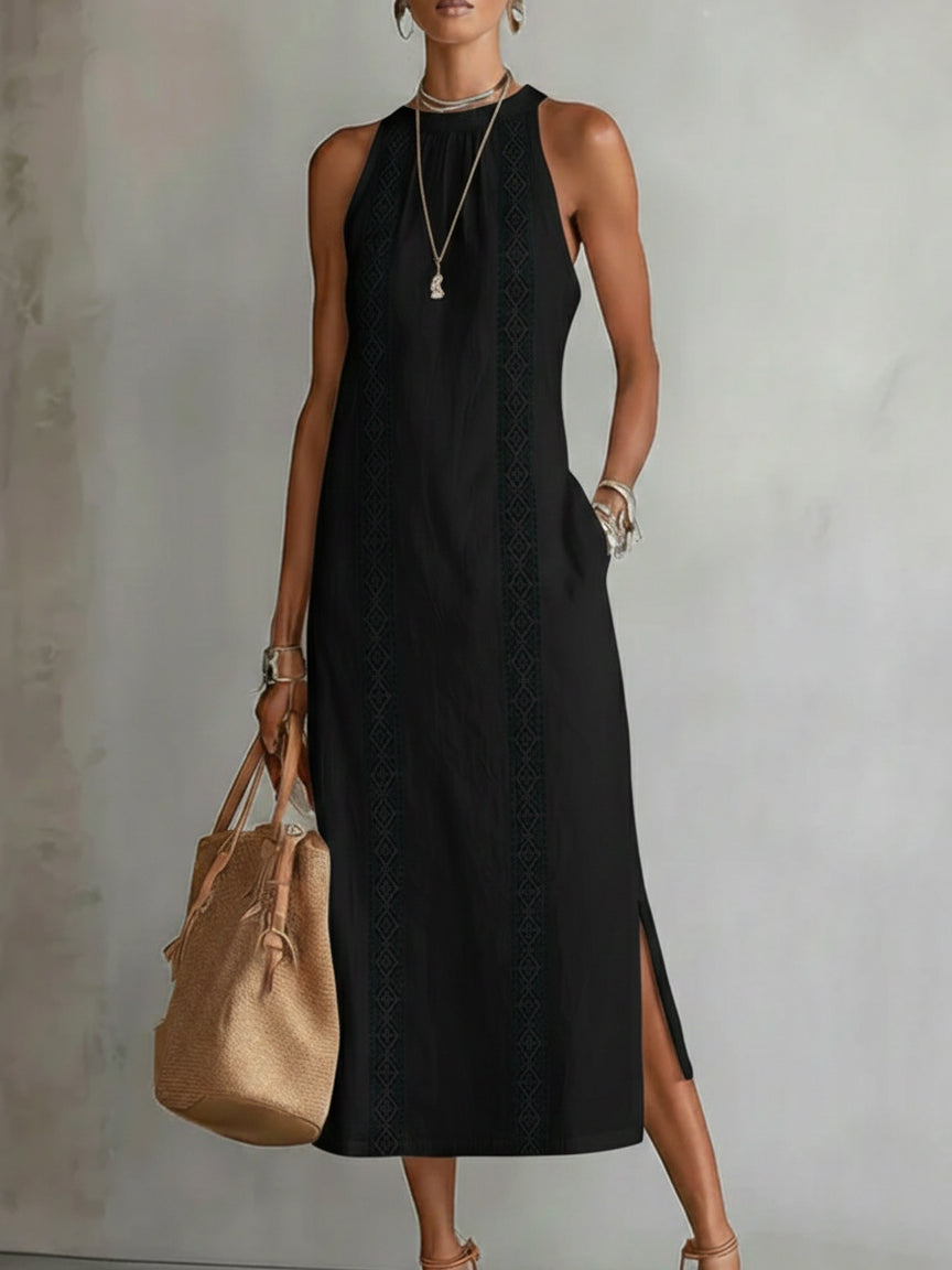 Katie - Linen Midi Dress with Mao Collar